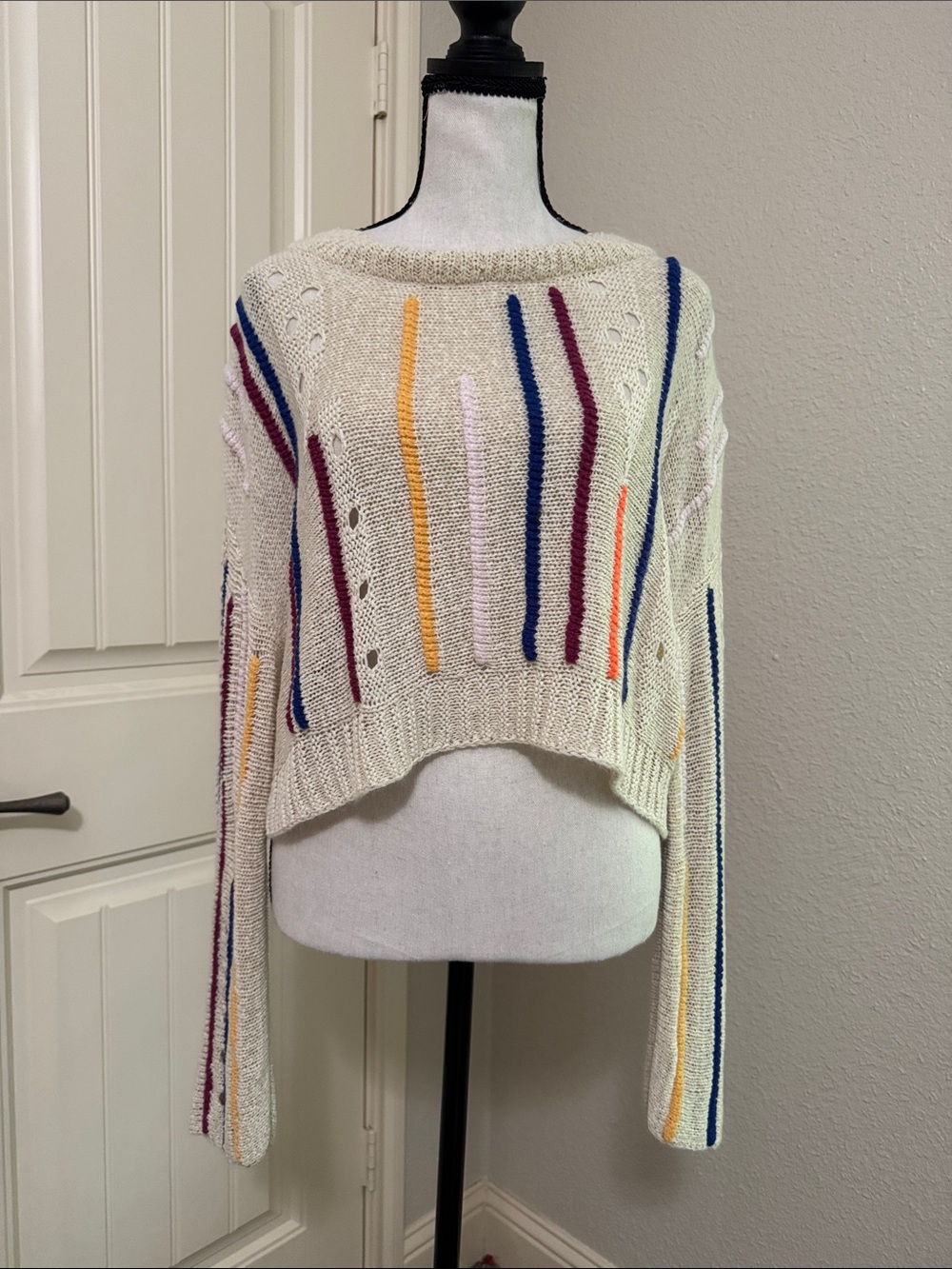 Cream Cropped Knit Sweater with Multicolor Stripe Accents